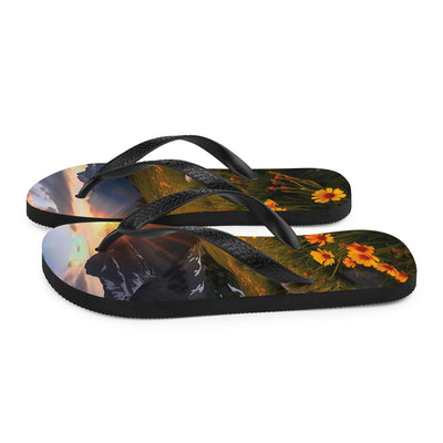 Gebirge, Sonnenblumen und Sonnenaufgang - Flip Flops berge xxx