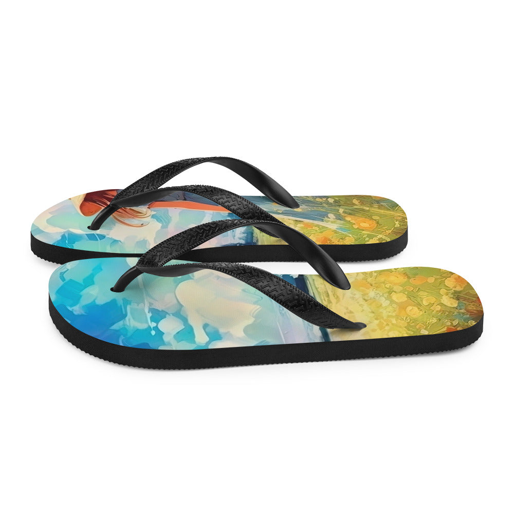 Dame mit Hut im Feld mit Blumen - Landschaftsmalerei - Flip Flops camping xxx