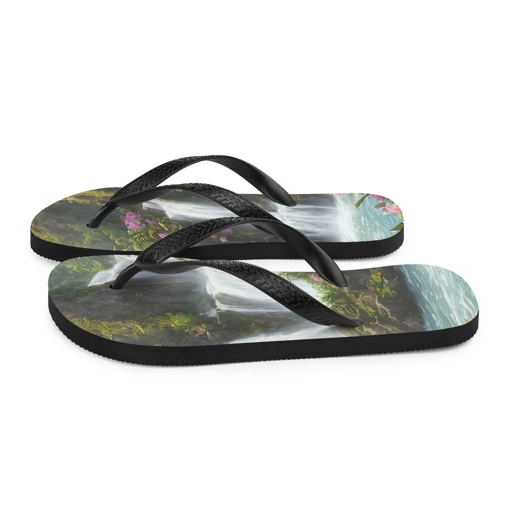 Wasserfall im Wald und Blumen - Schöne Malerei - Flip Flops camping xxx