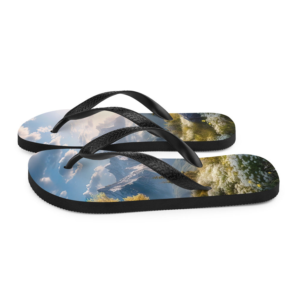 Berglandschaft mit Sonnenschein, Blumen und Bäumen - Malerei - Flip Flops berge xxx