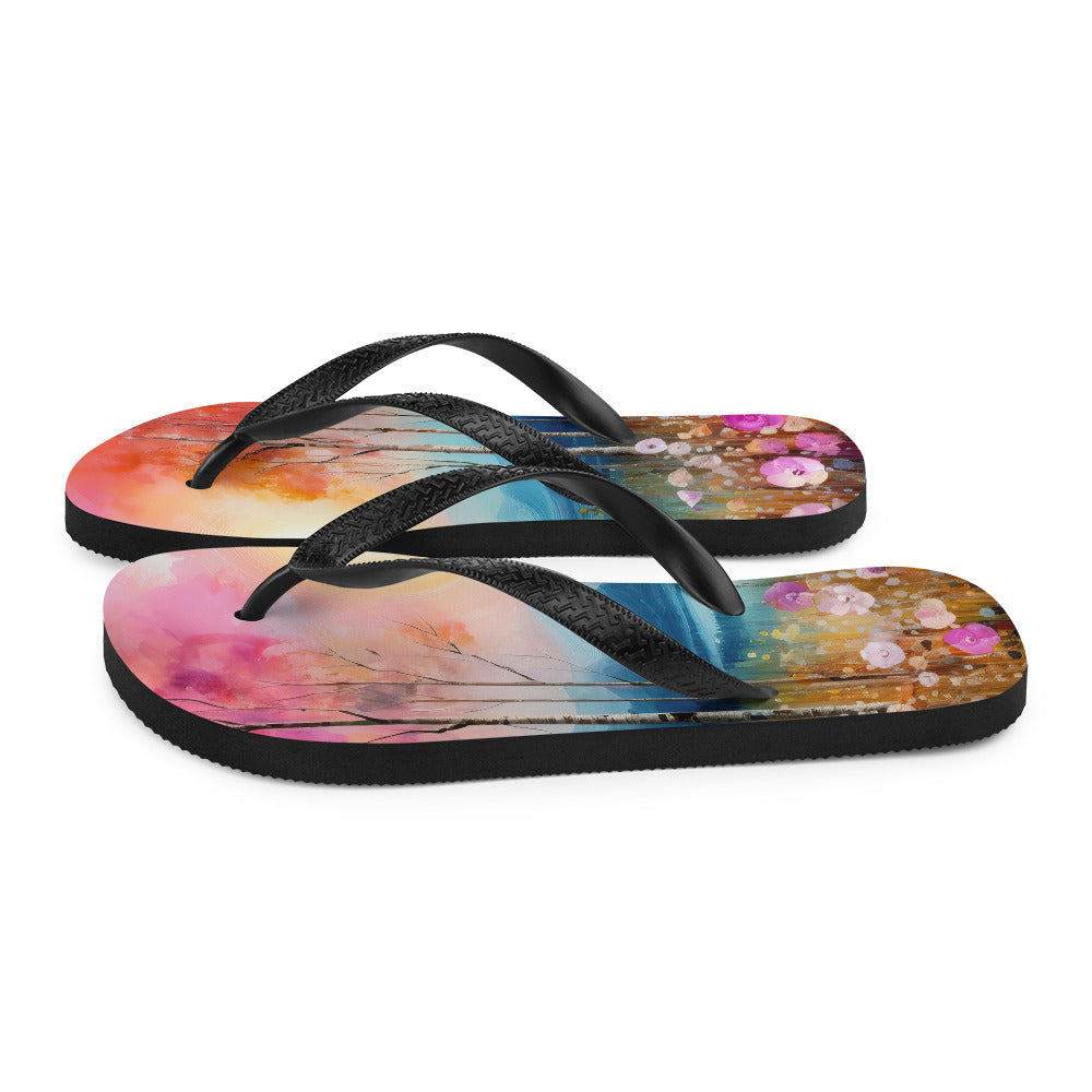 Berge, See, pinke Bäume und Blumen - Malerei - Flip Flops berge xxx