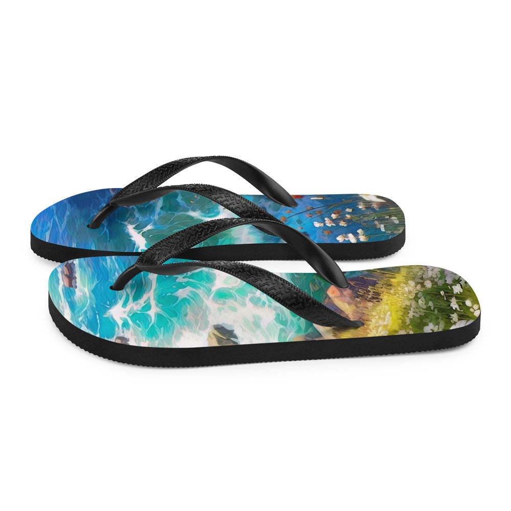 Berge, Blumen, Fluss und Steine - Malerei - Flip Flops camping xxx