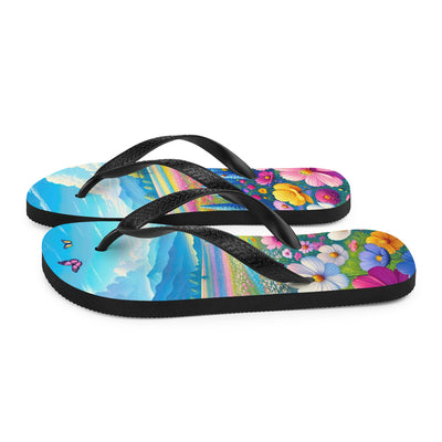 Weitläufiges Blumenfeld unter himmelblauem Himmel, leuchtende Flora - Flip Flops camping xxx yyy zzz