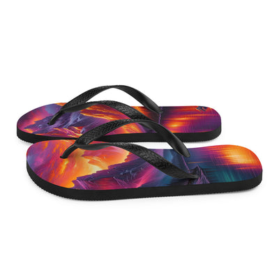 Ölgemälde eines Bootes auf einem Bergsee bei Sonnenuntergang, lebendige Orange-Lila Töne - Flip Flops berge xxx yyy zzz