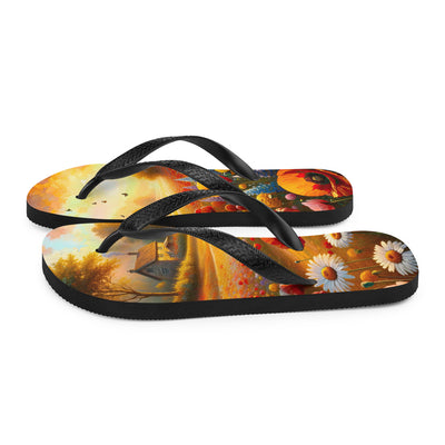 Ölgemälde eines Blumenfeldes im Sonnenuntergang, leuchtende Farbpalette - Flip Flops camping xxx yyy zzz