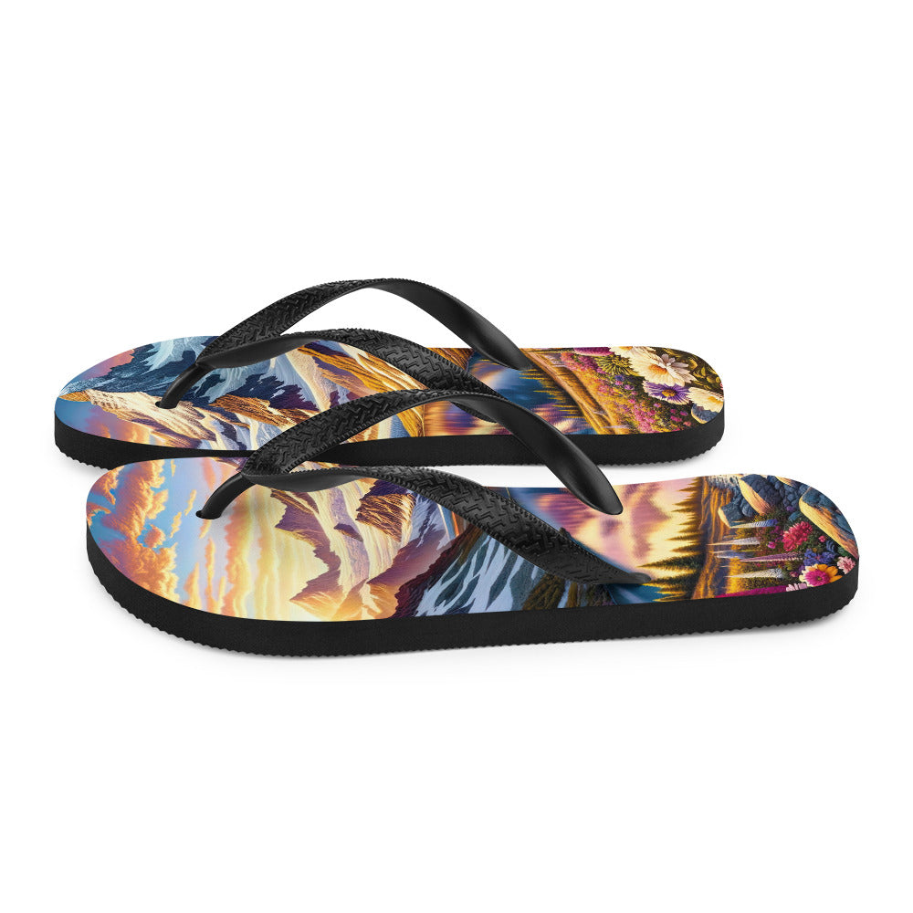 Quadratische Illustration der Alpen mit schneebedeckten Gipfeln und Wildblumen - Flip Flops berge xxx yyy zzz