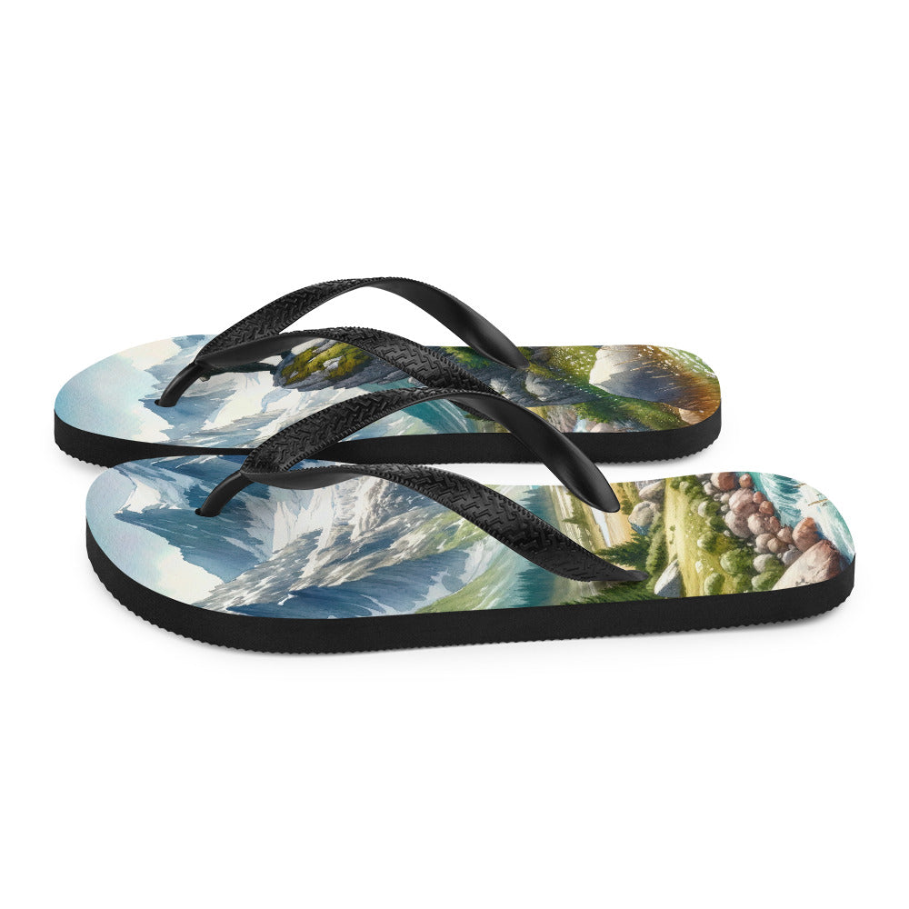 Aquarellmalerei eines Bären und der sommerlichen Alpenschönheit mit schneebedeckten Ketten - Flip Flops camping xxx yyy zzz