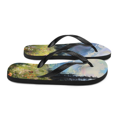 Frau mit langen Kleid im Feld mit Blumen - Berge im Hintergrund - Malerei - Flip Flops berge xxx