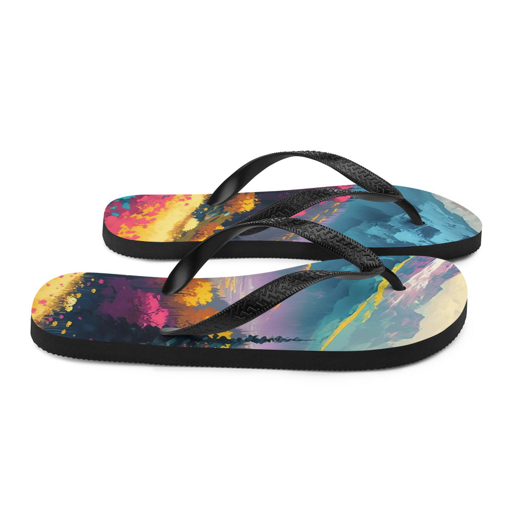 Berge, pinke und gelbe Bäume, sowie Blumen - Farbige Malerei - Flip Flops berge xxx