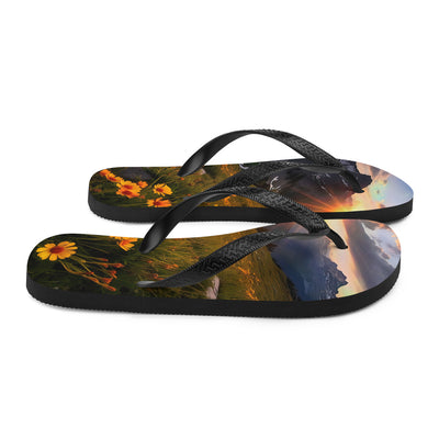 Gebirge, Sonnenblumen und Sonnenaufgang - Flip Flops berge xxx