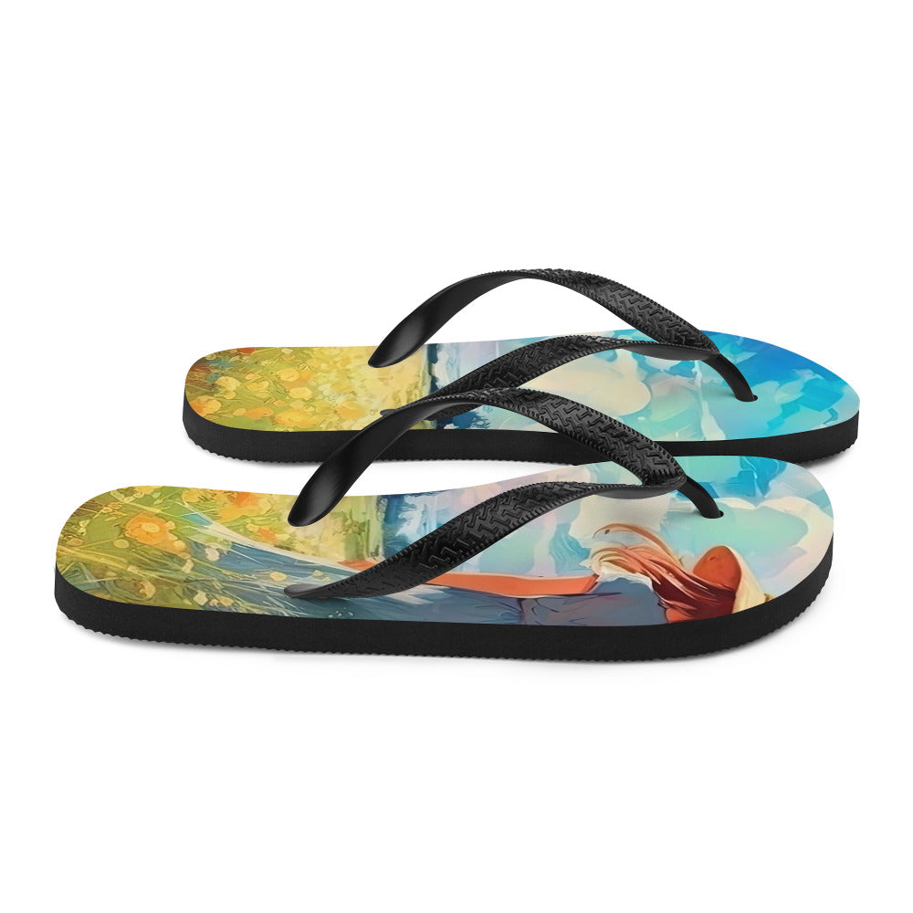 Dame mit Hut im Feld mit Blumen - Landschaftsmalerei - Flip Flops camping xxx