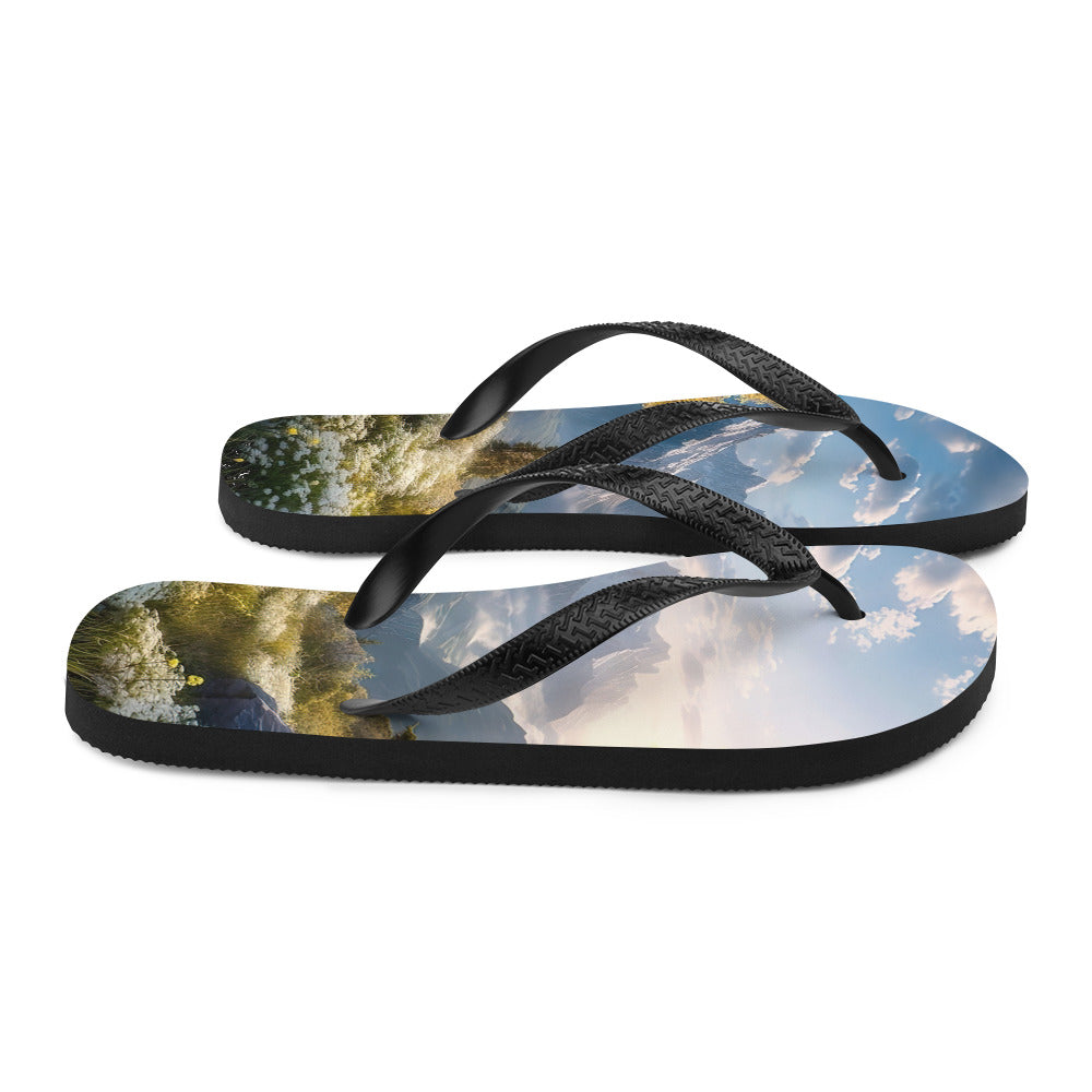 Berglandschaft mit Sonnenschein, Blumen und Bäumen - Malerei - Flip Flops berge xxx