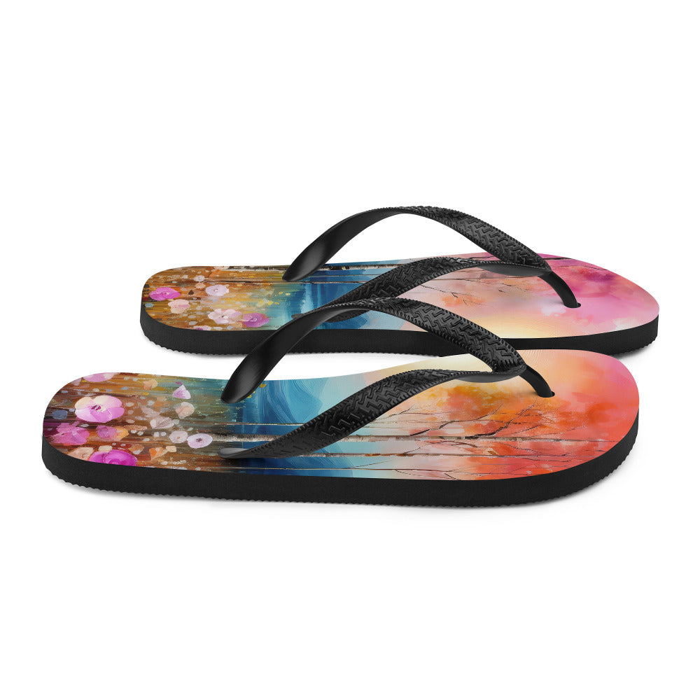 Berge, See, pinke Bäume und Blumen - Malerei - Flip Flops berge xxx