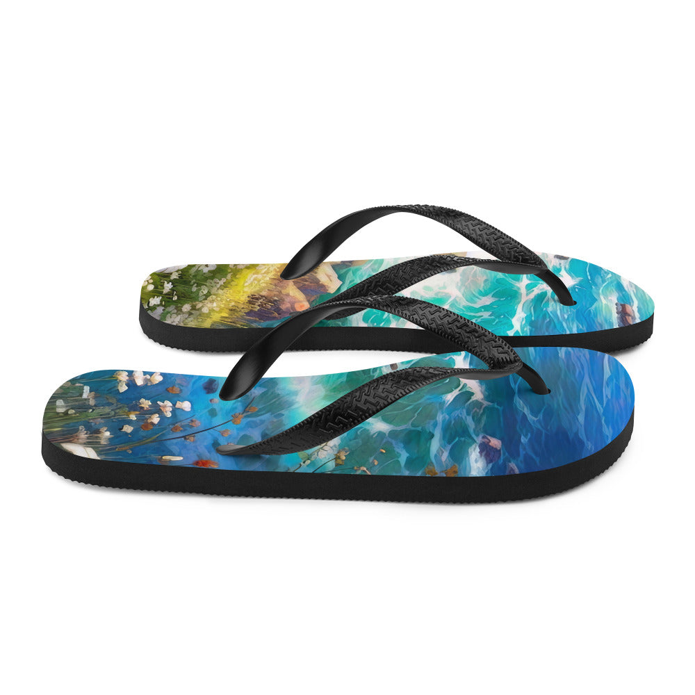 Berge, Blumen, Fluss und Steine - Malerei - Flip Flops camping xxx