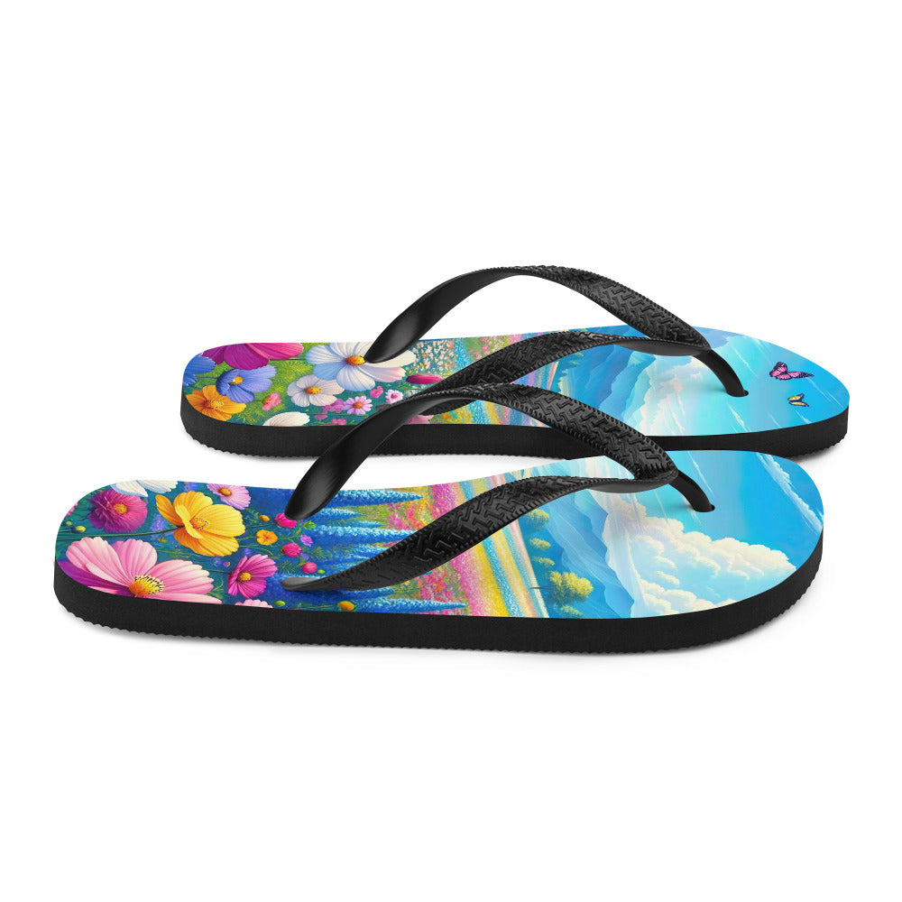 Weitläufiges Blumenfeld unter himmelblauem Himmel, leuchtende Flora - Flip Flops camping xxx yyy zzz