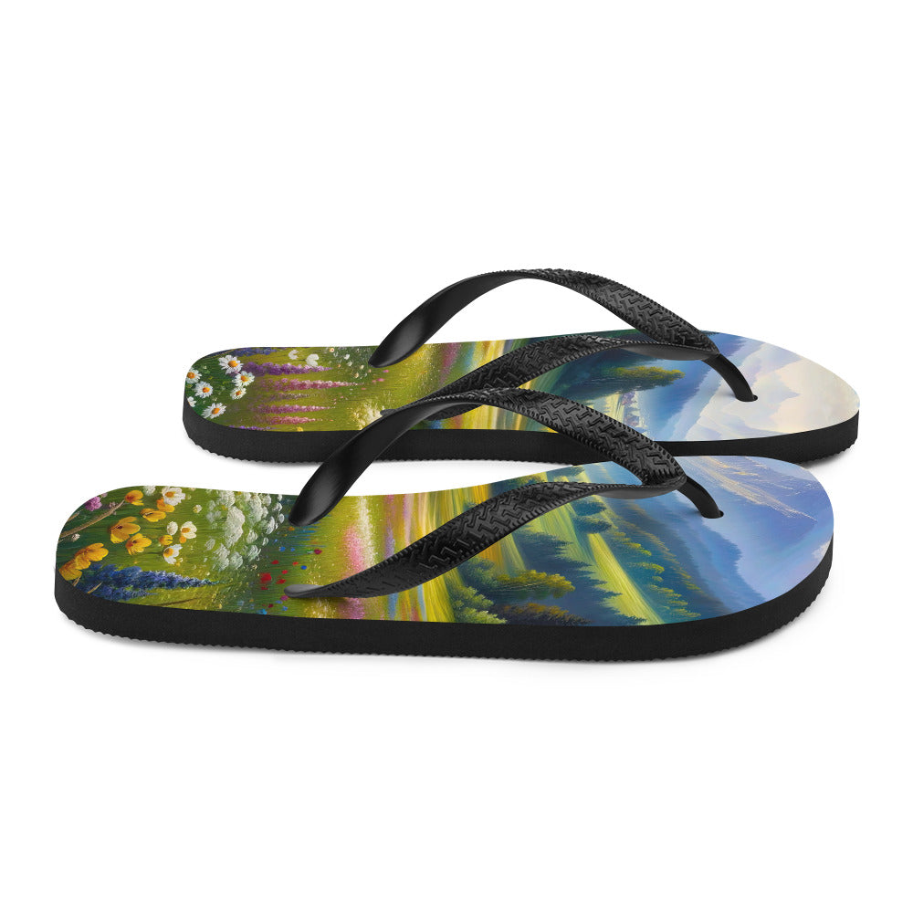 Ölgemälde einer Almwiese, Meer aus Wildblumen in Gelb- und Lilatönen - Flip Flops berge xxx yyy zzz