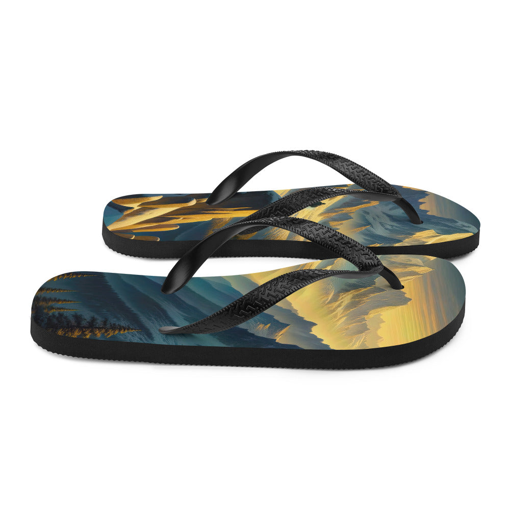 Ölgemälde eines Wanderers bei Morgendämmerung auf Alpengipfeln mit goldenem Sonnenlicht - Flip Flops wandern xxx yyy zzz