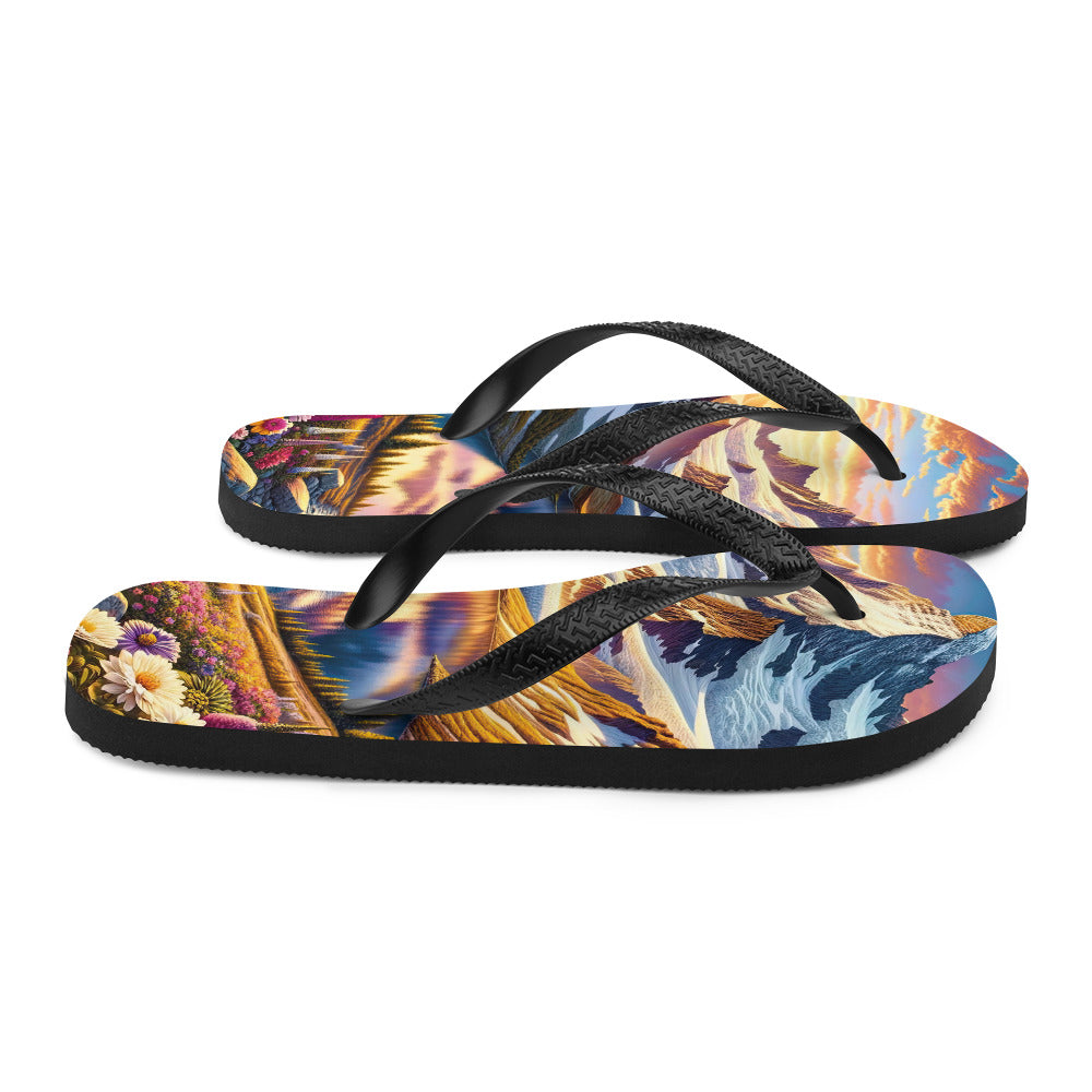 Quadratische Illustration der Alpen mit schneebedeckten Gipfeln und Wildblumen - Flip Flops berge xxx yyy zzz