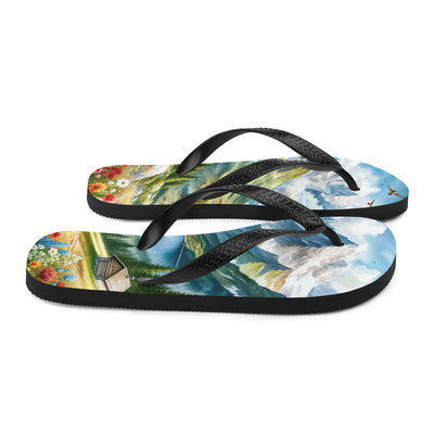 Quadratisches Aquarell der Alpen, Berge mit schneebedeckten Spitzen - Flip Flops berge xxx yyy zzz