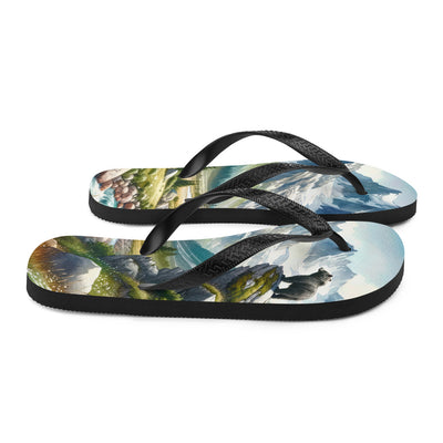 Aquarellmalerei eines Bären und der sommerlichen Alpenschönheit mit schneebedeckten Ketten - Flip Flops camping xxx yyy zzz