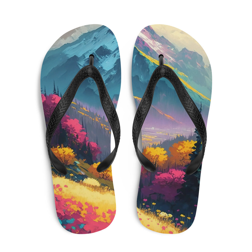 Berge, pinke und gelbe Bäume, sowie Blumen - Farbige Malerei - Flip Flops berge xxx