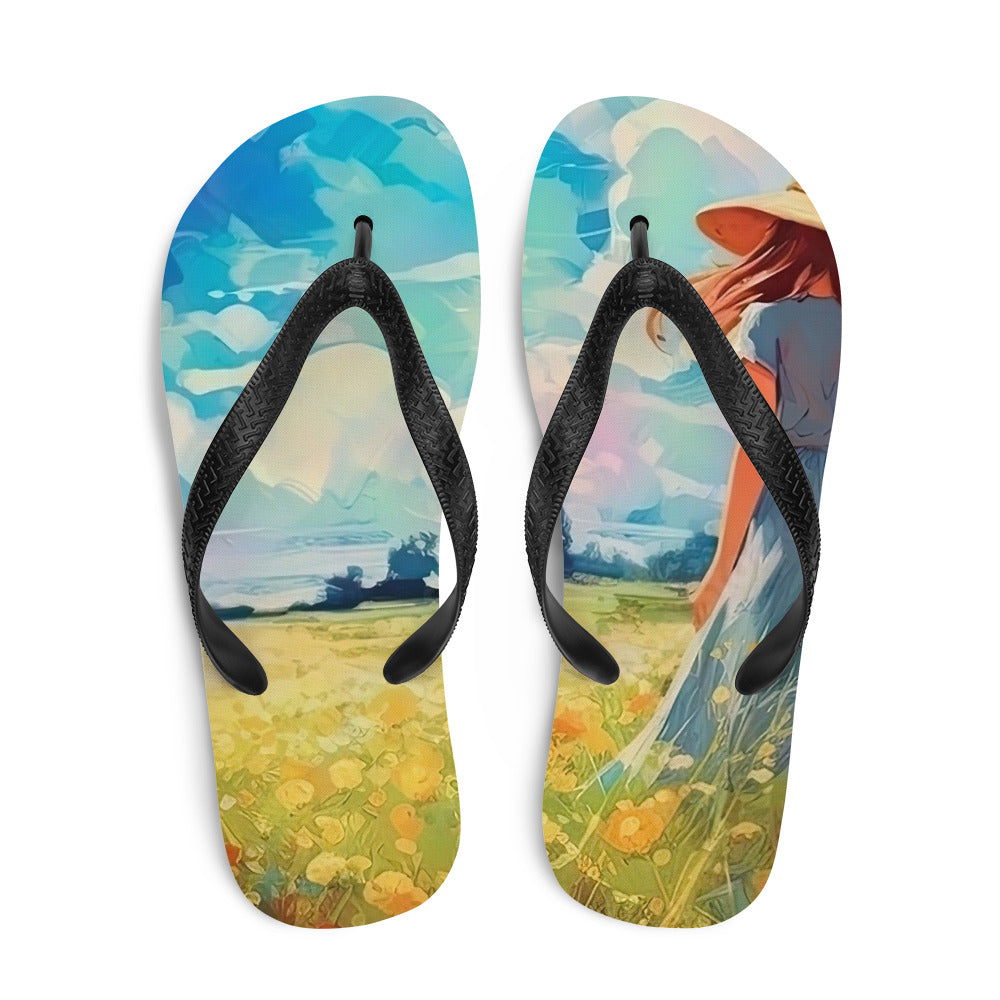 Dame mit Hut im Feld mit Blumen - Landschaftsmalerei - Flip Flops camping xxx