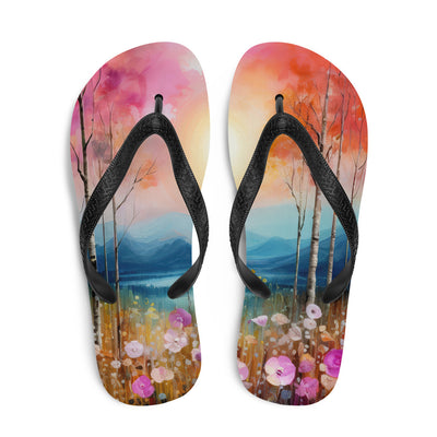 Berge, See, pinke Bäume und Blumen - Malerei - Flip Flops berge xxx