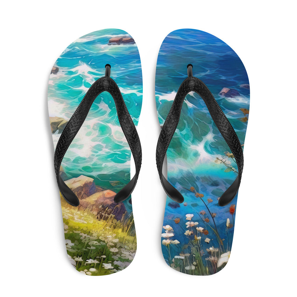 Berge, Blumen, Fluss und Steine - Malerei - Flip Flops camping xxx