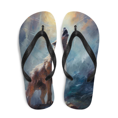 Heulender Wolf auf Berggipfel und Mond im Hintergrund – Abstrakte Malerei - Flip Flops camping xxx