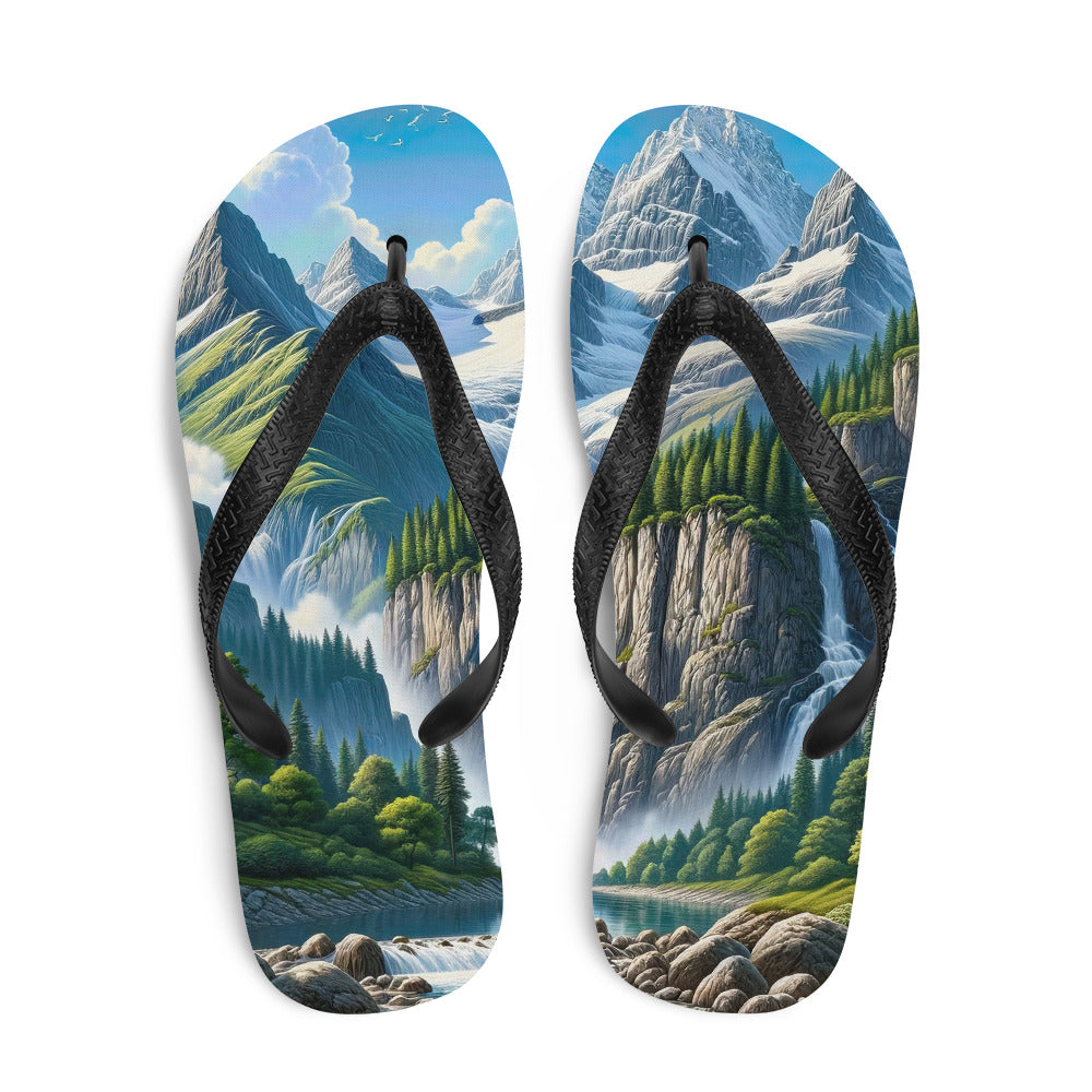 Illustration einer unberührten Alpenkulisse im Hochsommer. Wasserfall und See - Flip Flops berge xxx yyy zzz