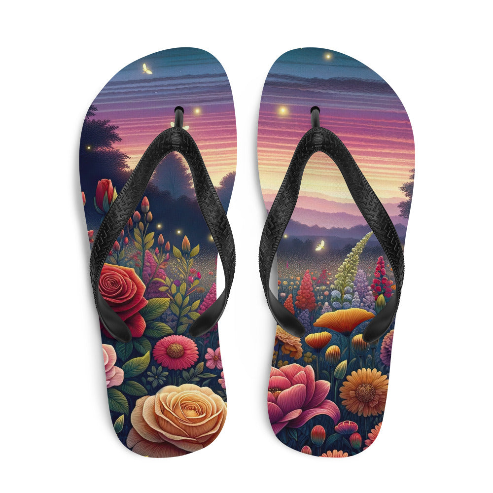 Skurriles Blumenfeld in Dämmerung, farbenfrohe Rosen, Lilien, Ringelblumen - Flip Flops camping xxx yyy zzz