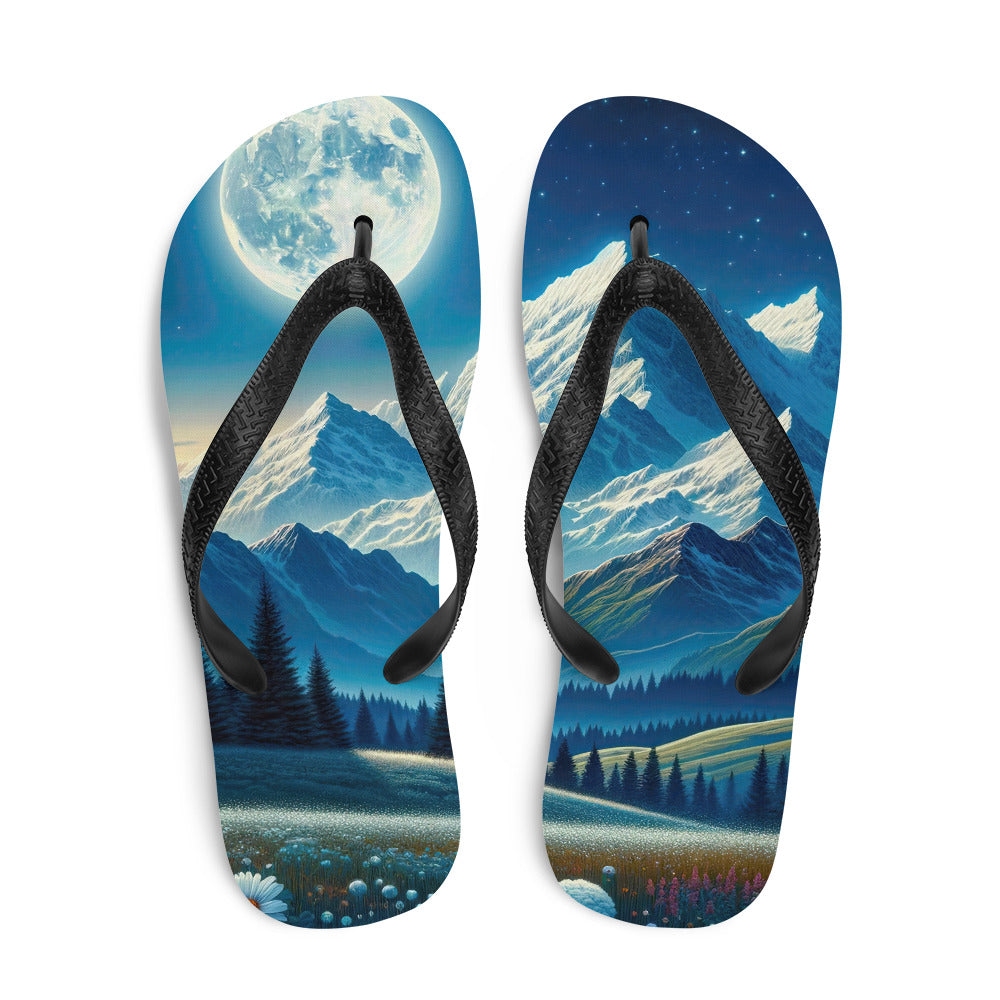 Klare frühlingshafte Alpennacht mit Blumen und Vollmond über Schneegipfeln - Flip Flops berge xxx yyy zzz