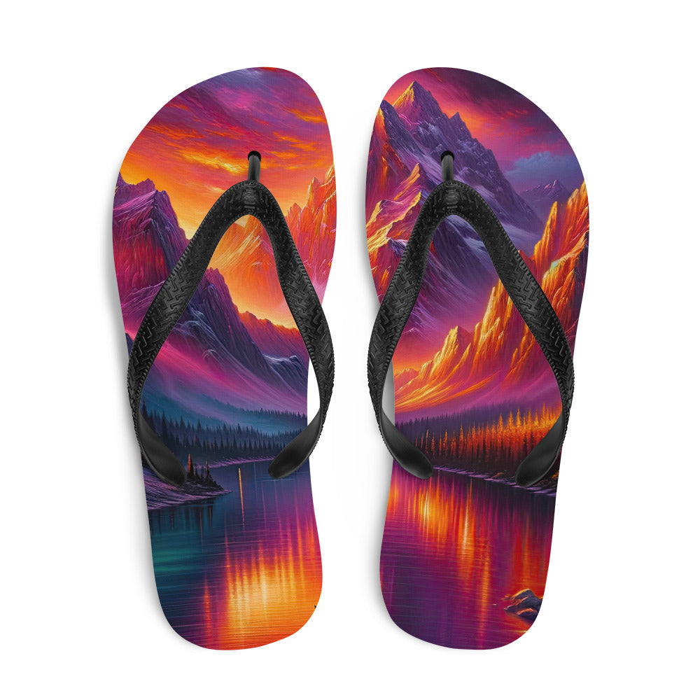 Ölgemälde eines Bootes auf einem Bergsee bei Sonnenuntergang, lebendige Orange-Lila Töne - Flip Flops berge xxx yyy zzz