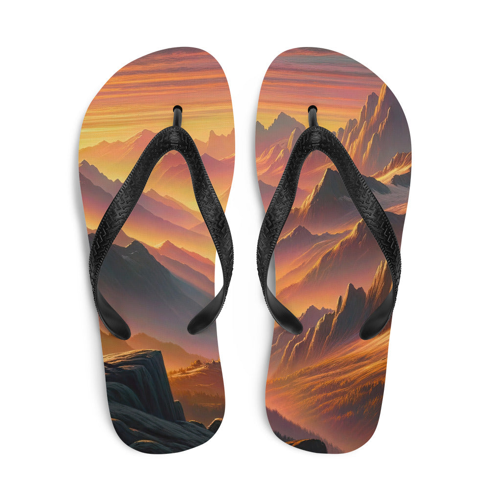 Ölgemälde der Alpen in der goldenen Stunde mit Wanderer, Orange-Rosa Bergpanorama - Flip Flops wandern xxx yyy zzz