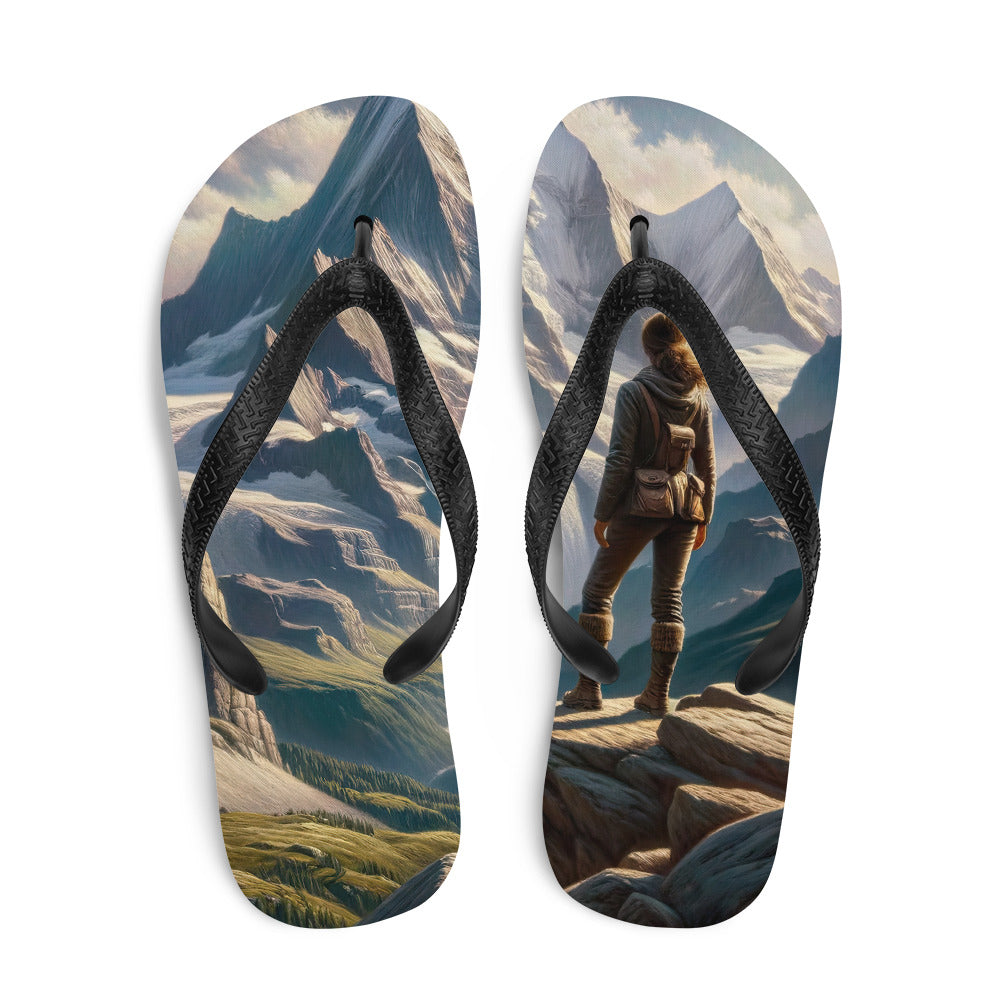 Ölgemälde der Alpengipfel mit Schweizer Abenteurerin auf Felsvorsprung - Flip Flops wandern xxx yyy zzz