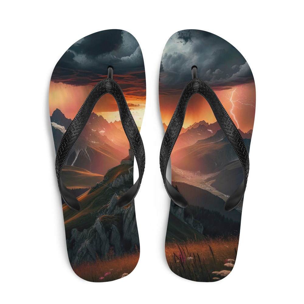 Foto einer Alpenburg bei stürmischem Sonnenuntergang, dramatische Wolken und Sonnenstrahlen - Flip Flops berge xxx yyy zzz