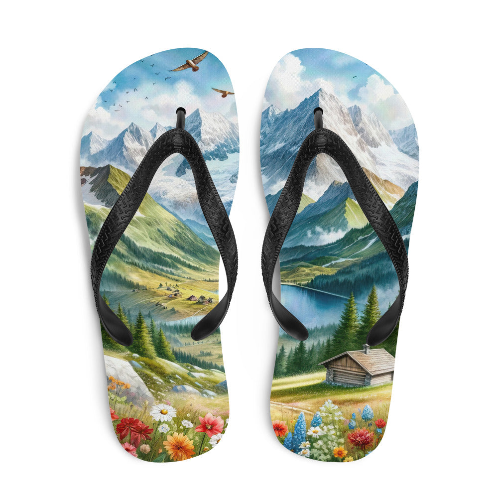 Quadratisches Aquarell der Alpen, Berge mit schneebedeckten Spitzen - Flip Flops berge xxx yyy zzz