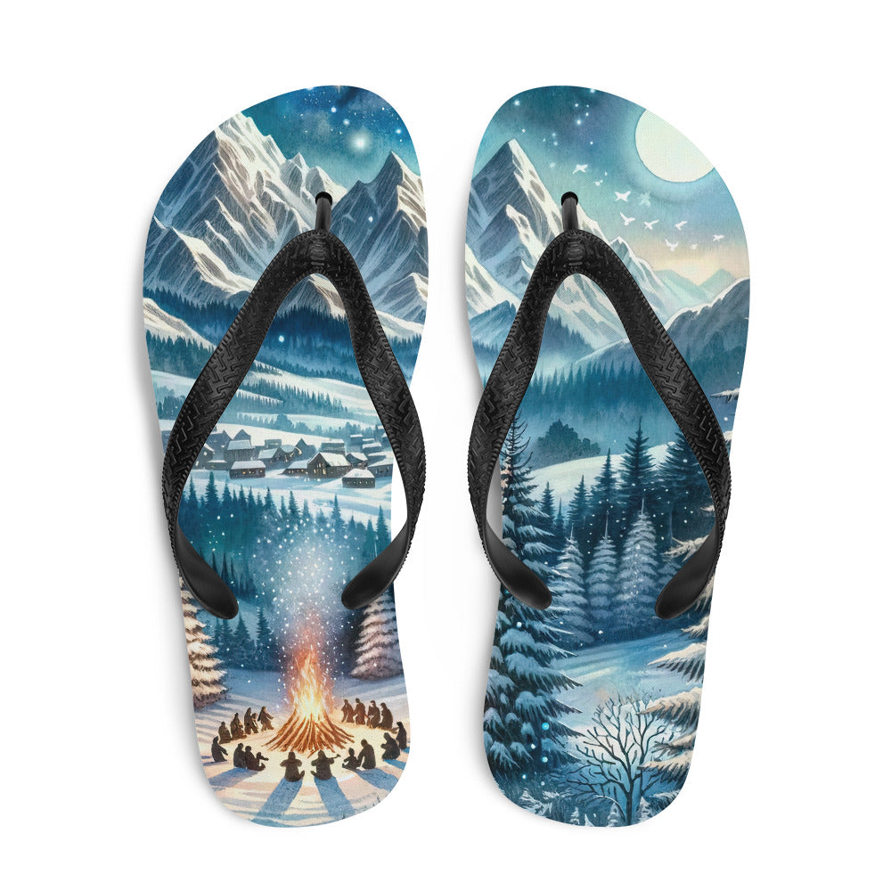 Aquarell eines Winterabends in den Alpen mit Lagerfeuer und Wanderern, glitzernder Neuschnee - Flip Flops camping xxx yyy zzz