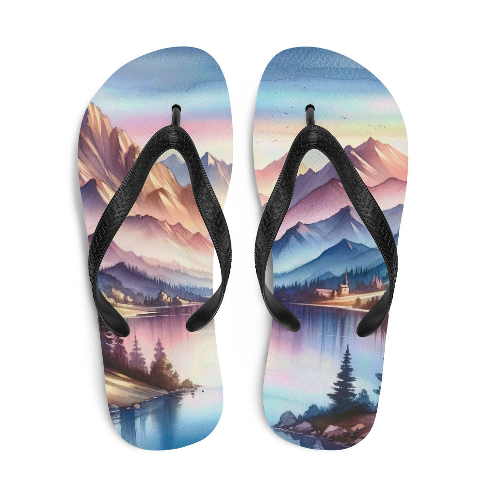 Aquarell einer Dämmerung in den Alpen, Boot auf einem See in Pastell-Licht - Flip Flops berge xxx yyy zzz