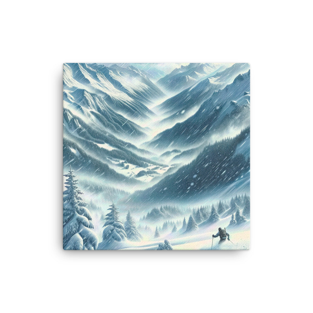 Alpine Wildnis im Wintersturm mit Skifahrer, verschneite Landschaft - Dünne Leinwand klettern ski xxx yyy zzz 30.5 x 30.5 cm