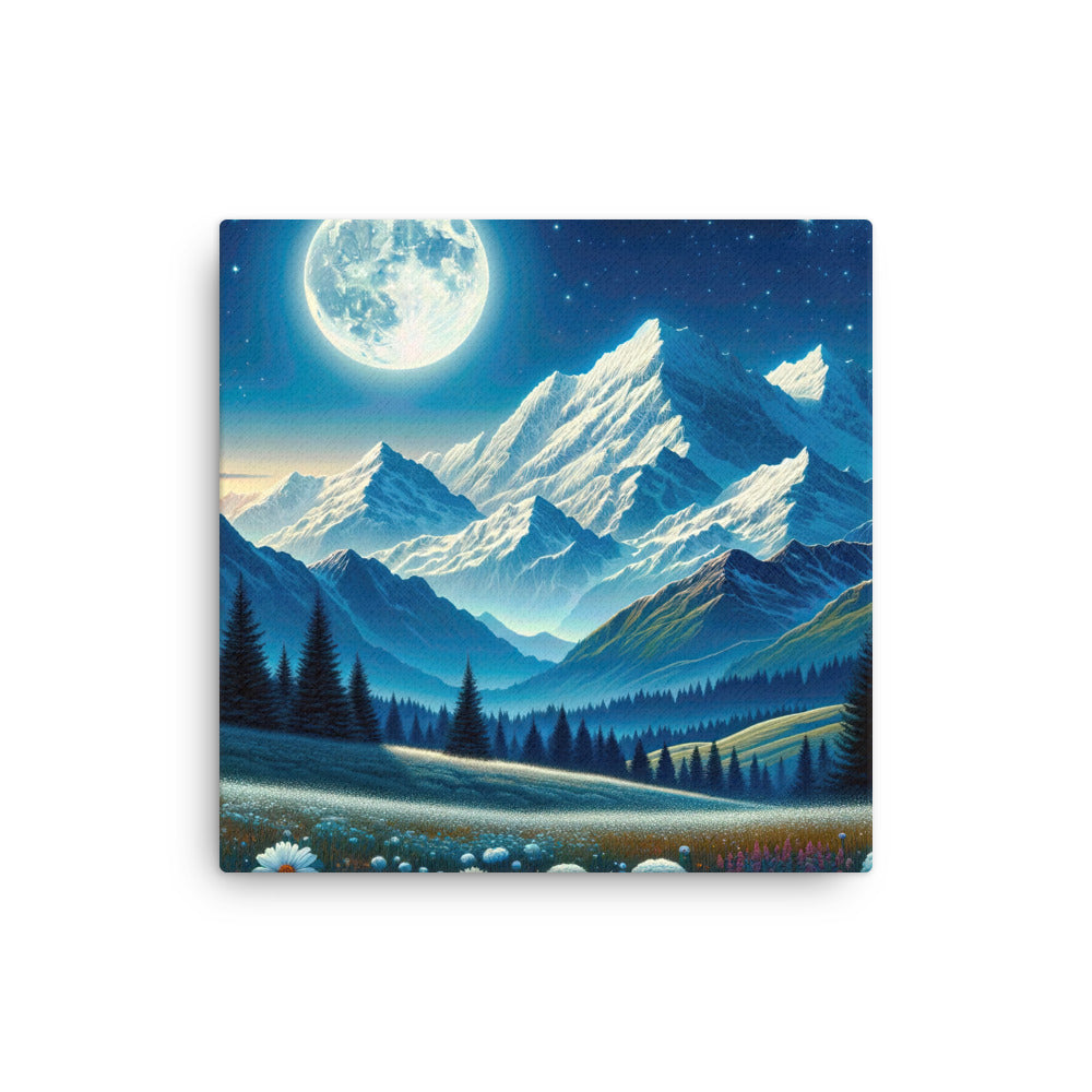 Klare frühlingshafte Alpennacht mit Blumen und Vollmond über Schneegipfeln - Dünne Leinwand berge xxx yyy zzz 30.5 x 30.5 cm