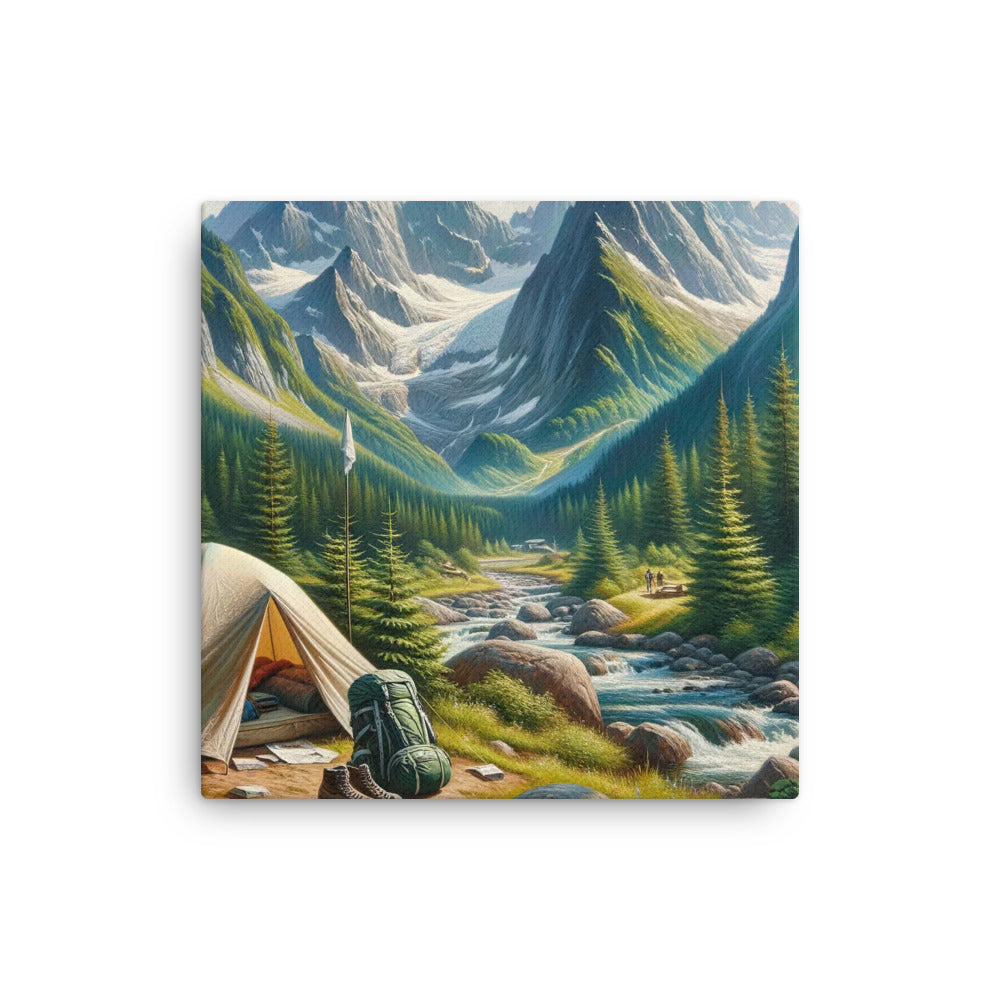 Ölgemälde der Alpensommerlandschaft mit Zelt, Gipfeln, Wäldern und Bächen - Dünne Leinwand camping xxx yyy zzz 30.5 x 30.5 cm