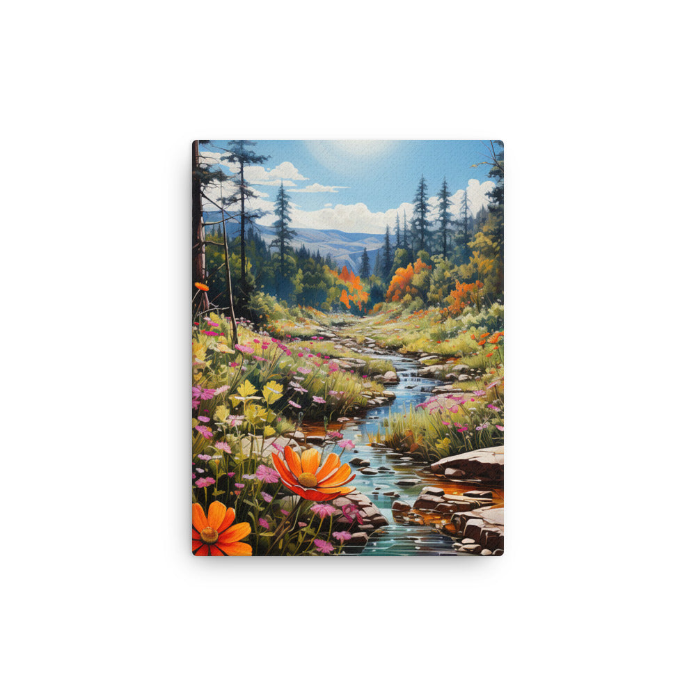 Berge, schöne Blumen und Bach im Wald - Dünne Leinwand berge xxx 30.5 x 40.6 cm