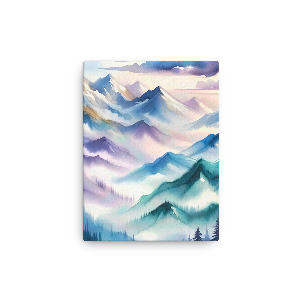 Ein Aquarellgemälde der Alpen in einem sanften, traumhaften Stil. Die Berge werden in Strichen mit Gold wiedergegeben - Dünne Leinwand berge xxx yyy zzz 30.5 x 40.6 cm