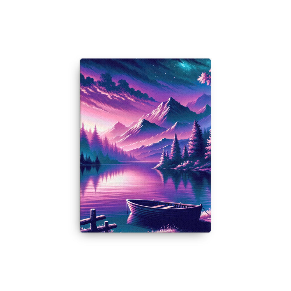 Magische Alpen-Dämmerung, rosa-lila Himmel und Bergsee mit Boot - Dünne Leinwand berge xxx yyy zzz 30.5 x 40.6 cm