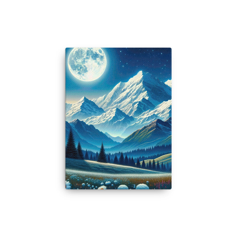 Klare frühlingshafte Alpennacht mit Blumen und Vollmond über Schneegipfeln - Dünne Leinwand berge xxx yyy zzz 30.5 x 40.6 cm