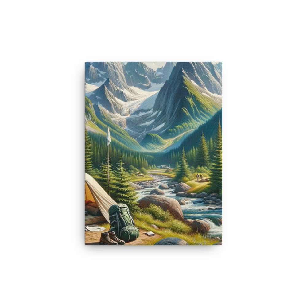 Ölgemälde der Alpensommerlandschaft mit Zelt, Gipfeln, Wäldern und Bächen - Dünne Leinwand camping xxx yyy zzz 30.5 x 40.6 cm