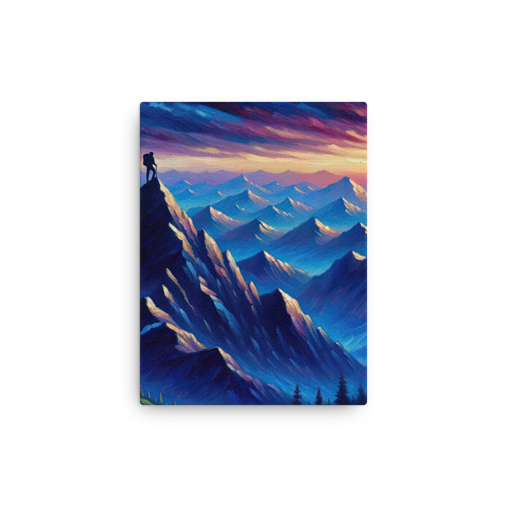 Ölgemälde eines ruhigen Alpenabends mit Bergsteigersilhouette auf dem Gipfel - Dünne Leinwand wandern xxx yyy zzz 30.5 x 40.6 cm