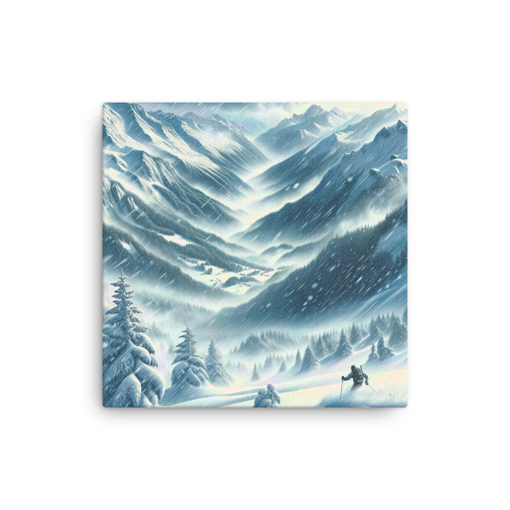 Alpine Wildnis im Wintersturm mit Skifahrer, verschneite Landschaft - Dünne Leinwand klettern ski xxx yyy zzz 40.6 x 40.6 cm