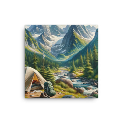 Ölgemälde der Alpensommerlandschaft mit Zelt, Gipfeln, Wäldern und Bächen - Dünne Leinwand camping xxx yyy zzz 40.6 x 40.6 cm